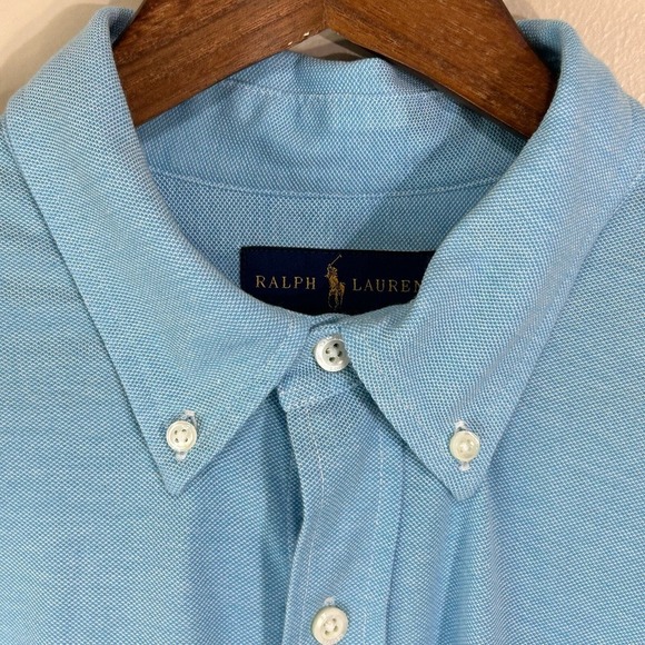 Ralph Lauren Mens Shirt XL Blue Knit Oxford Long Sleeve Pony‎ Cotton Button Up - Picture 3 of 11